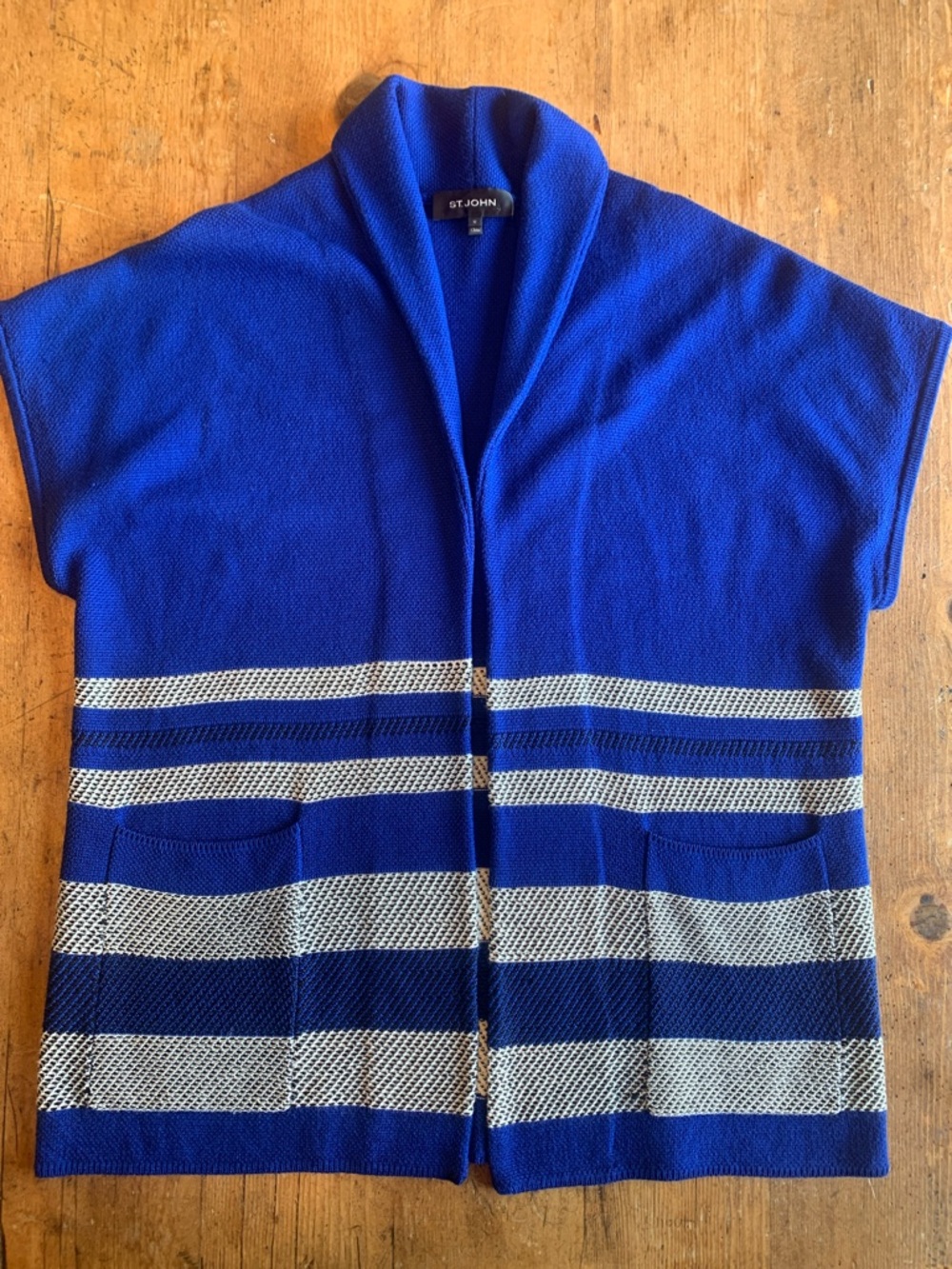 St. John Blue Open-Front Knit Cardigan with White Stripes